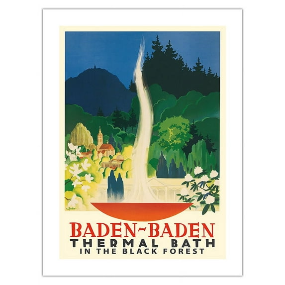 Baden-Baden Germany - Thermal Baths in the Black Forest - Vintage Travel Poster by Leo Faller c.1937 - Fine Art Matte Paper Print (Unframed) 18x24in