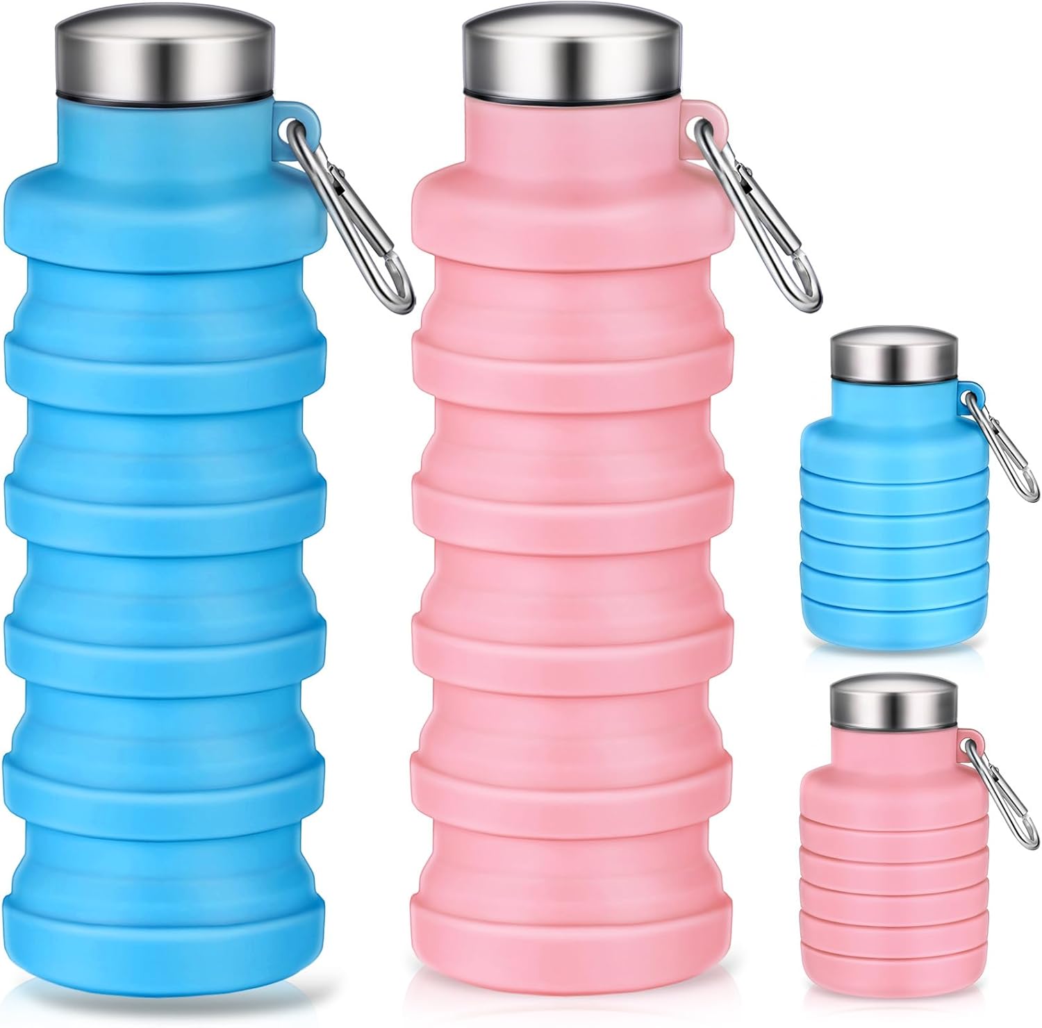 ABCISI 2 Pcs Collapsible Water Bottles, 17oz Silicone Portable Leak-Proof Water Bottle with Buckle, Silicone Lightweight Reusable Travel Water Bottle for Camping Hiking Cycling Sport (Pink, Blue)