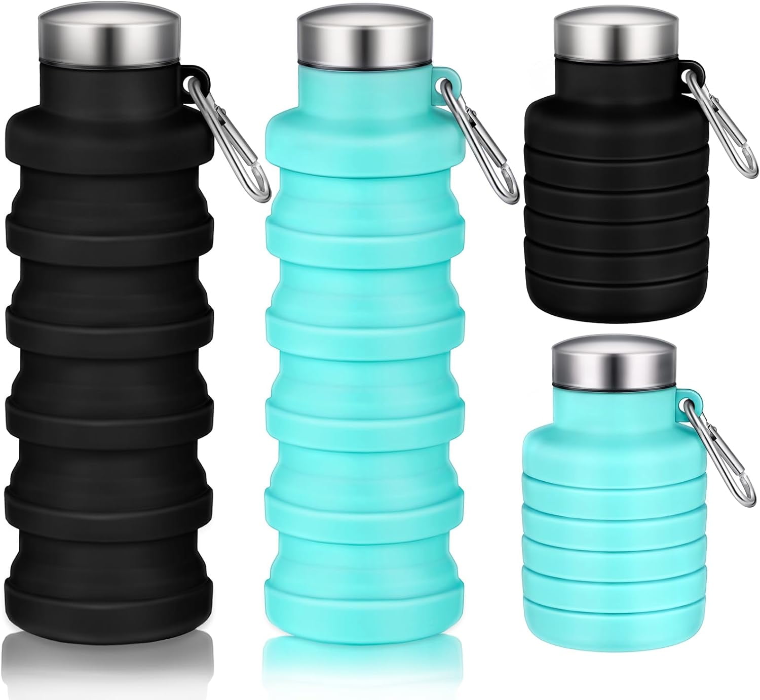 ABCISI 2 Pcs Collapsible Water Bottles, 17oz Silicone Portable Leak-Proof Water Bottle with Buckle, Silicone Lightweight Reusable Travel Water Bottle for Camping Hiking Cycling Sport (Green, Black)