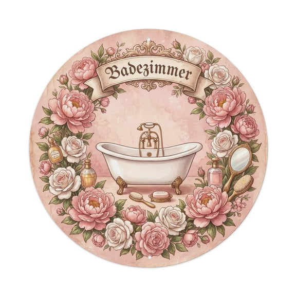 Badezimmer Peony Romantic Spa Bathroom Vintage Metal Tin Sign Plaque Wall Decor for Cafe, Club, Garden Round Metal Poster 8x8Inch