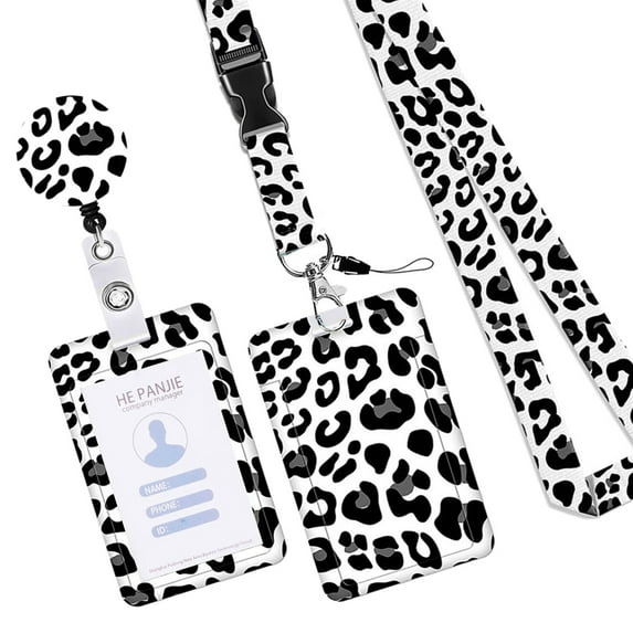 Badge Card Holder and Neck Lanyard Set Leopards Print Identity Card Badge Holder With Retractable Badge Reel for Office