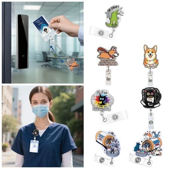 Badge With Clip Closure Cartoon Pattern Funny Glitter Badge Reel Retractable Clip Workplace Induction Graduation Nurse Office with Swivel Alligator Clip,G