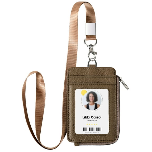Badge Holder – Genuine Leather ID Holder with Zipper Pocket and Nylon Lanyard – Perfect for Badges, Cards, and More