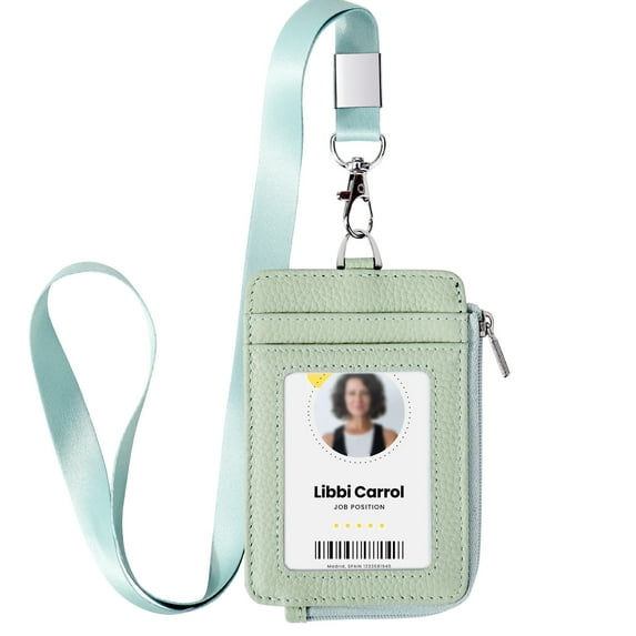 Badge Holder – Genuine Leather ID Holder with Zipper Pocket and Nylon Lanyard – Perfect for Badges, Cards, and More