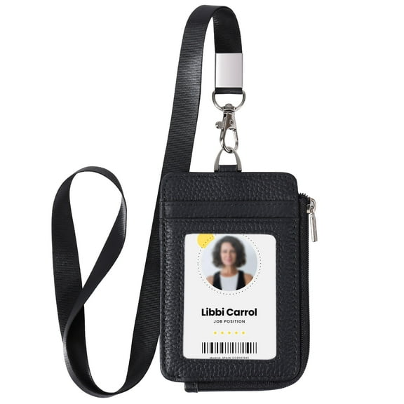Badge Holder – Genuine Leather ID Holder with Zipper Pocket and Nylon Lanyard – Perfect for Badges, Cards, and More
