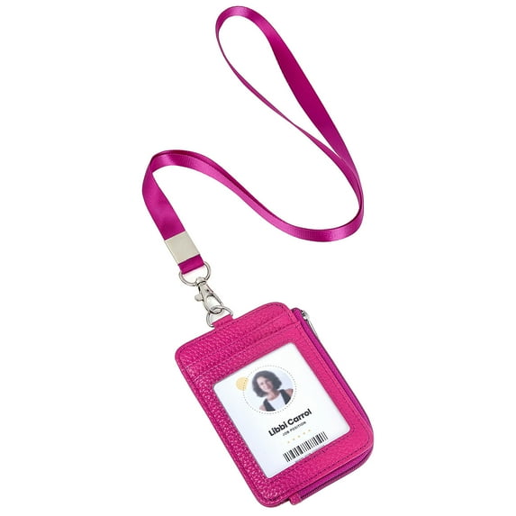 Badge Holder – Genuine Leather ID Holder with Zipper Pocket and Nylon Lanyard – Perfect for Badges, Cards, and More
