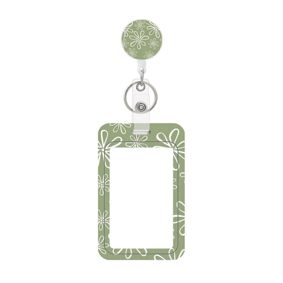Badge Holder, Green Daisy Pattern Retractable, 1 Pack with Clip and Lanyard Reel, for ID Card Work Badge Bus Pass Driver License School Office Use