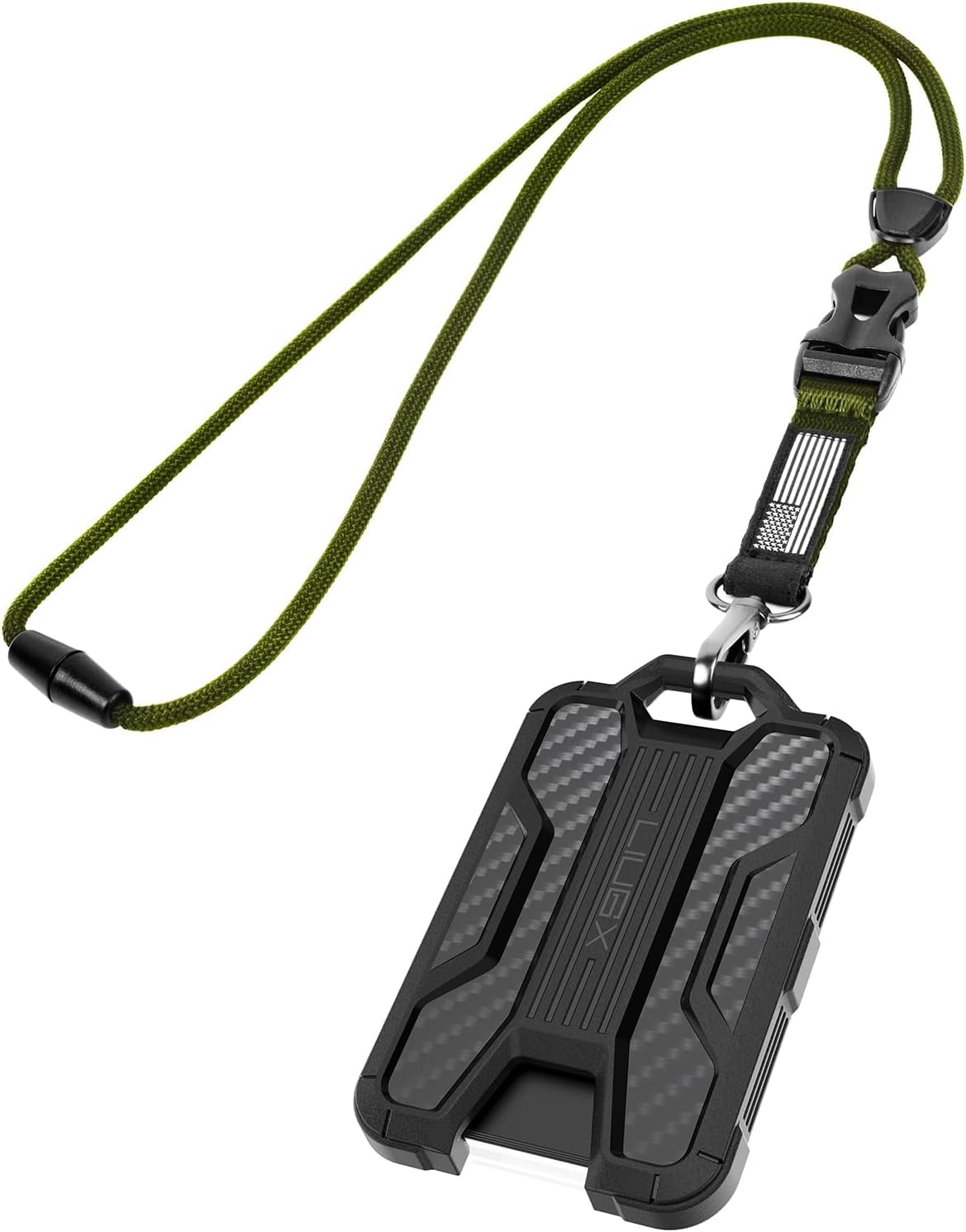 Badge Holder with Heavy Duty Breakaway Lanyard, Carbon Fiber-Texture, Durable ID Card Holder (Holds 6 Cards) with Quick Release Detachable Buckle, Metal Clip, American Flag