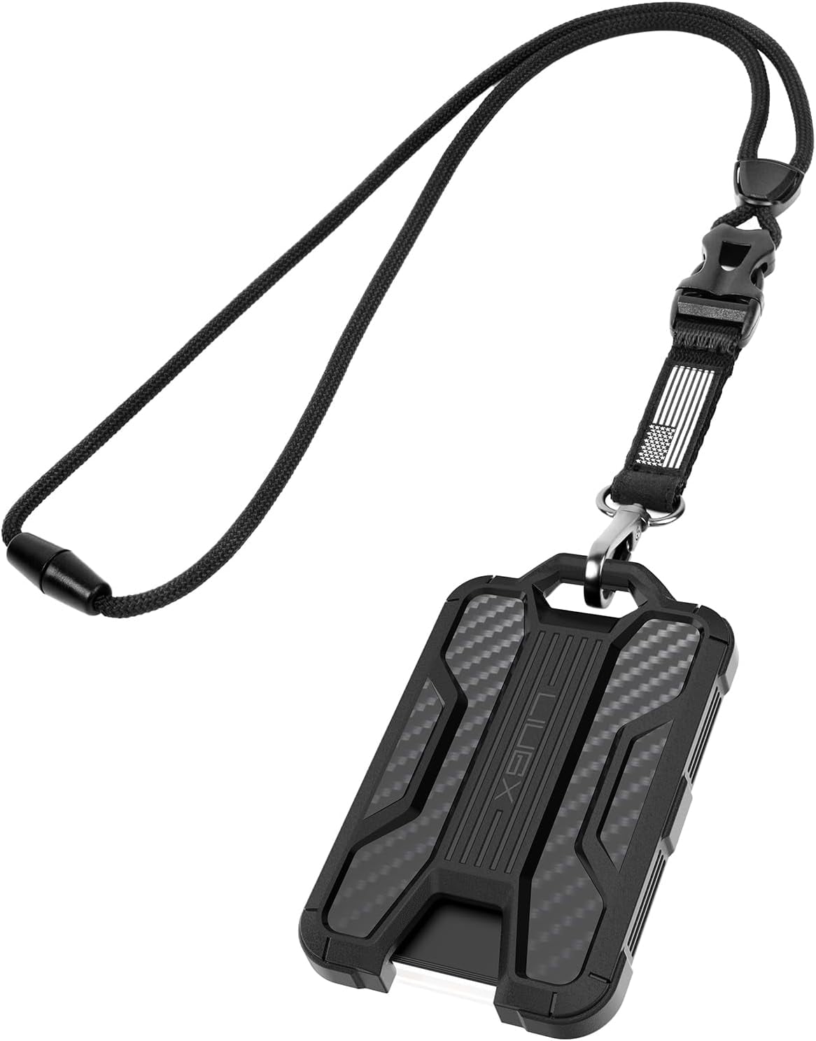 Badge Holder with Heavy Duty Breakaway Lanyard, Carbon Fiber-Texture, Durable ID Card Holder (Holds 6 Cards) with Quick Release Detachable Buckle, Metal Clip, American Flag