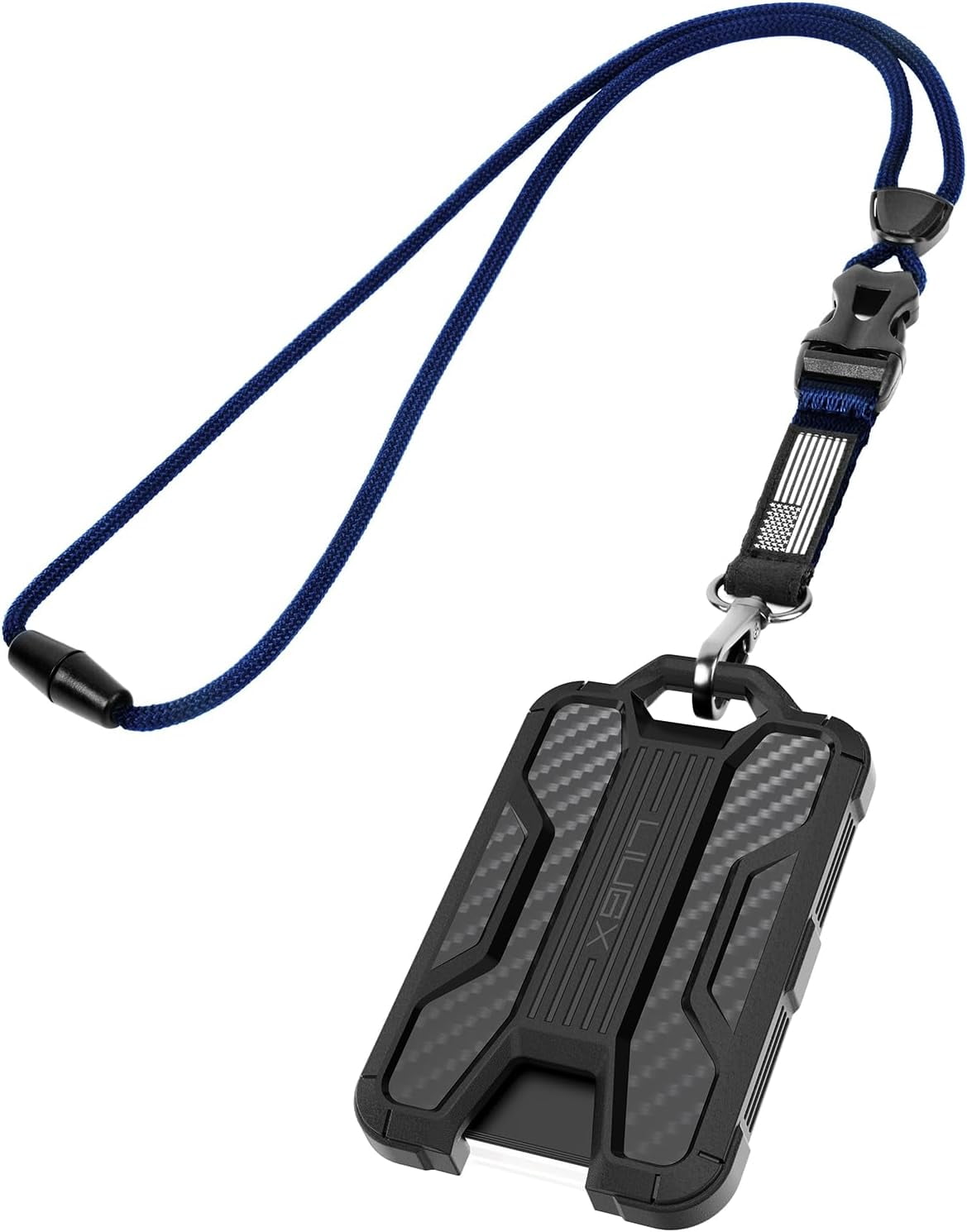 Badge Holder with Heavy Duty Breakaway Lanyard, Carbon Fiber-Texture, Durable ID Card Holder (Holds 6 Cards) with Quick Release Detachable Buckle, Metal Clip, American Flag