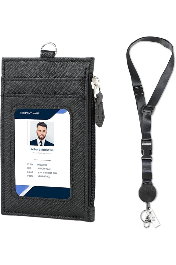 Badge Holder with Retractable Lanyard, PU Leather ID Badge Card Holder with 1 ID Window, 4 Card Slots, 1 Side Zipper Pocket, and Adjustable Neck Strap