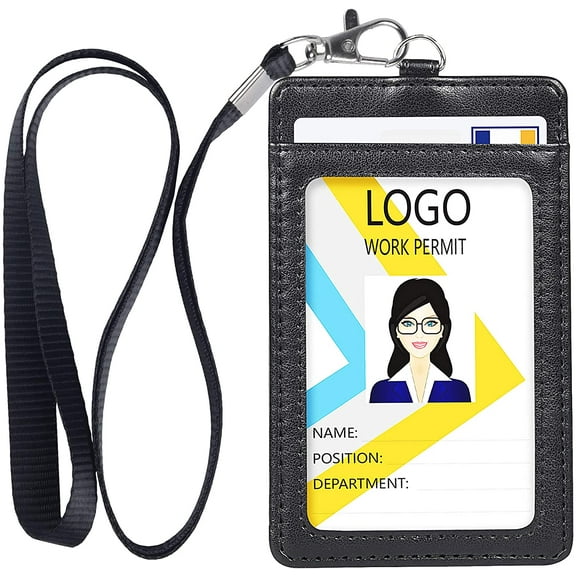 Badge Holder, Vertical Double PU Leather ID Badge Holder with 1 Clear ID Window & 1 Credit Card Slot