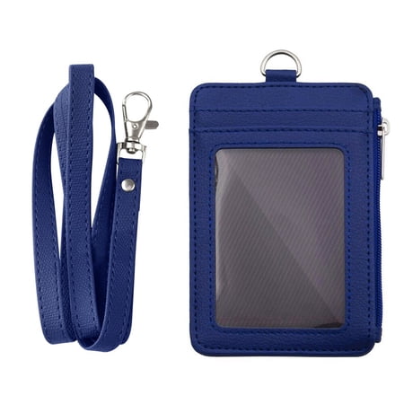 Badge Holder with Zip, Slim Double Sided PU Leather ID Card Holder Wallet Case with 5 Card Slots, 1 Side Zipper Pocket and 18" PU Neck Lanyard/Strap, Vertical-Blue