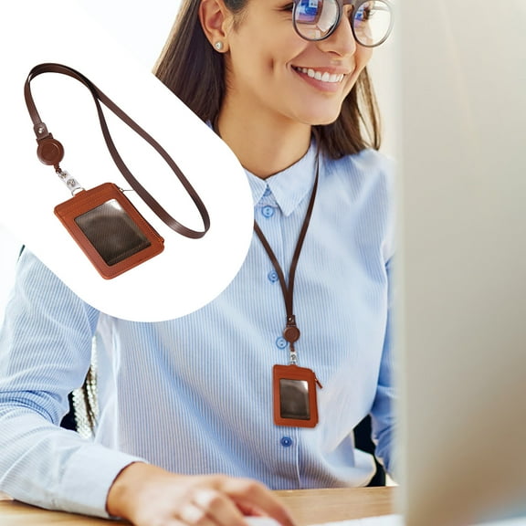 Badge Holder With Zip Slim Pu Leather Id Badge Card Wallet Case With Neck Lanyard And Retractable Badge Reel,Slim Pu Leather Id Badge Card Wallet, Brown,Brown
