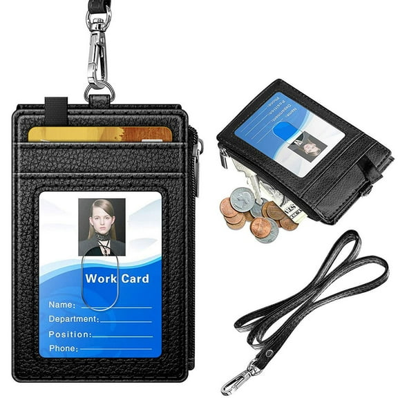 Badge Holder with Zipper, PU Leather ID Badge Card Holder Wallet with 5 Card Slots, 1 Side RFID Blocking Pocket and 20 inch Neck Lanyard Strap for Offices ID, School ID, Driver Licence
