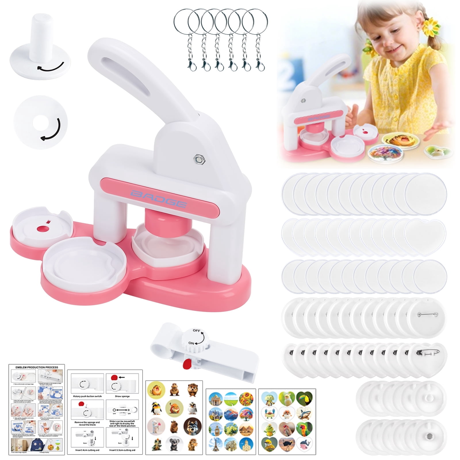 Badge Maker for Kids, 35-55mm (1.37-2.16 inch) DIY Pin Button Maker Press Machine, Badge Machine Punch Kit with 24 pcs Button Parts & Picture Cutters for Kids DIY Gifts and Christmas-Pink