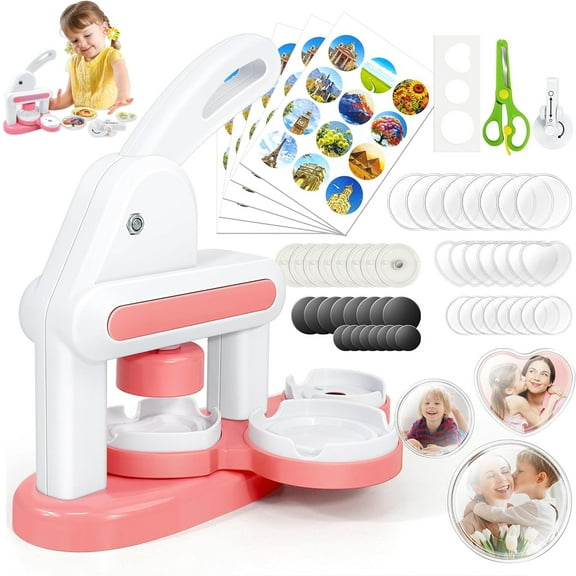 Badge Maker Machine for Kids, DIY Pin Button Maker Press Machine Badge Punch Kit with 86 pcs Button Parts Pictures Cutter,Arts & Crafts for Kids, Perfect for School Projects & Party, Pink