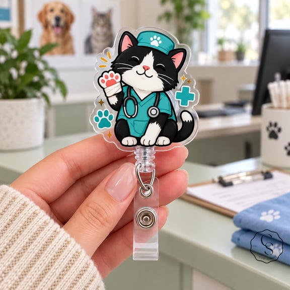 Badge Reel, Black and White Cat ID Holder for Veterinary Nurses and Animal Clinic Staff
