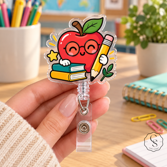 Badge Reel Cute Apple, Books and Pencil Retractable ID Holder for Teachers