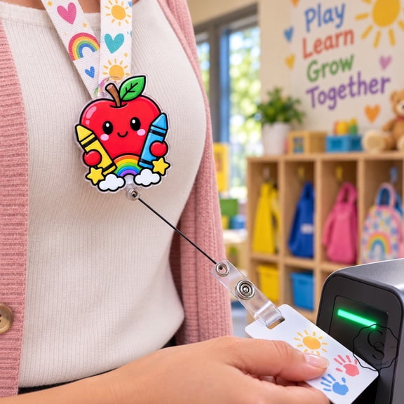 Badge Reel Cute Apple Crayon Rainbow ID Holder for Classroom Teachers