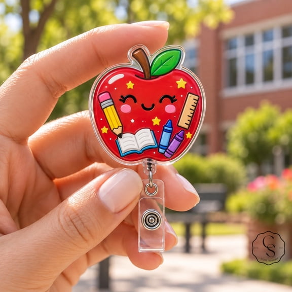 Badge Reel, Cute Apple School Supplies Classroom ID Holder for Teachers