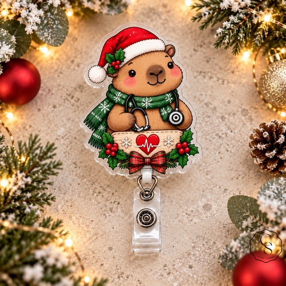 Badge Reel Cute Christmas Capybara Acrylic ID Holder for Medical Staff ...