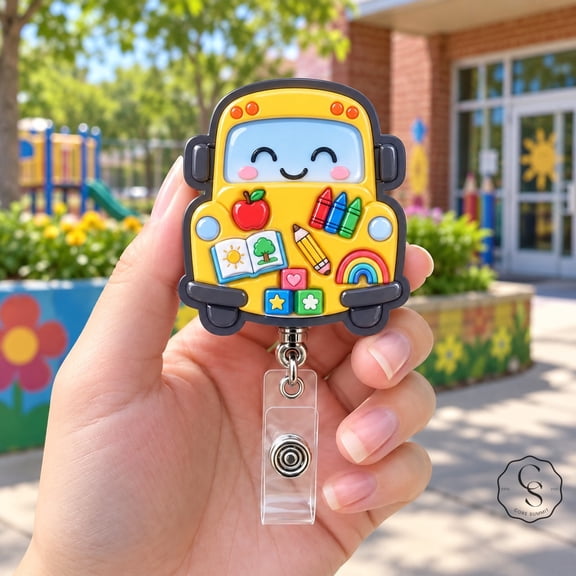 Badge Reel, Cute School Bus Classroom ID Holder for Kindergarten Teachers