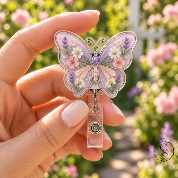 Badge Reel, Floral Butterfly ID Holder for Nurses, Teachers and Office Staff