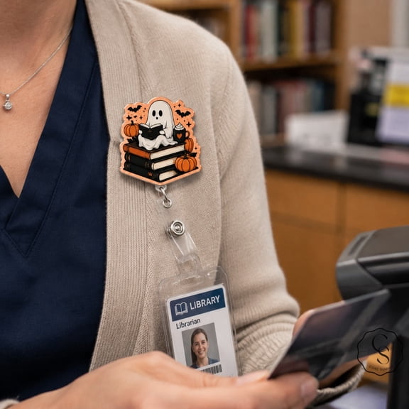 Badge Reel Halloween Book Lover Acrylic Retractable ID Holder for Readers and Teachers