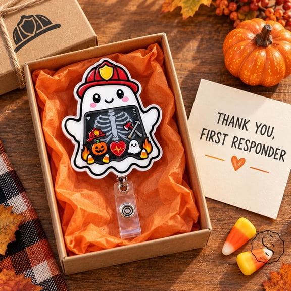 Badge Reel Halloween Ghost Firefighter Design ID Holder for First Responders