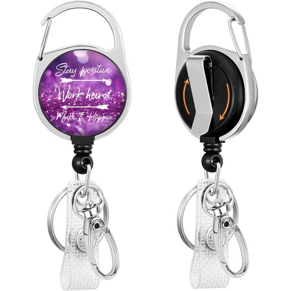 Badge Reel Holder Retractable Heavy Duty with 360?Swivel Carabiner Belt Clip, Name ID Badge Clips for Office Worker Nurse Employee (Stay Positive)