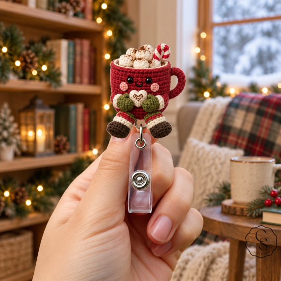 Badge Reel Hot Cocoa Mug Character, Crochet-Style ID Holder for Nurses ...