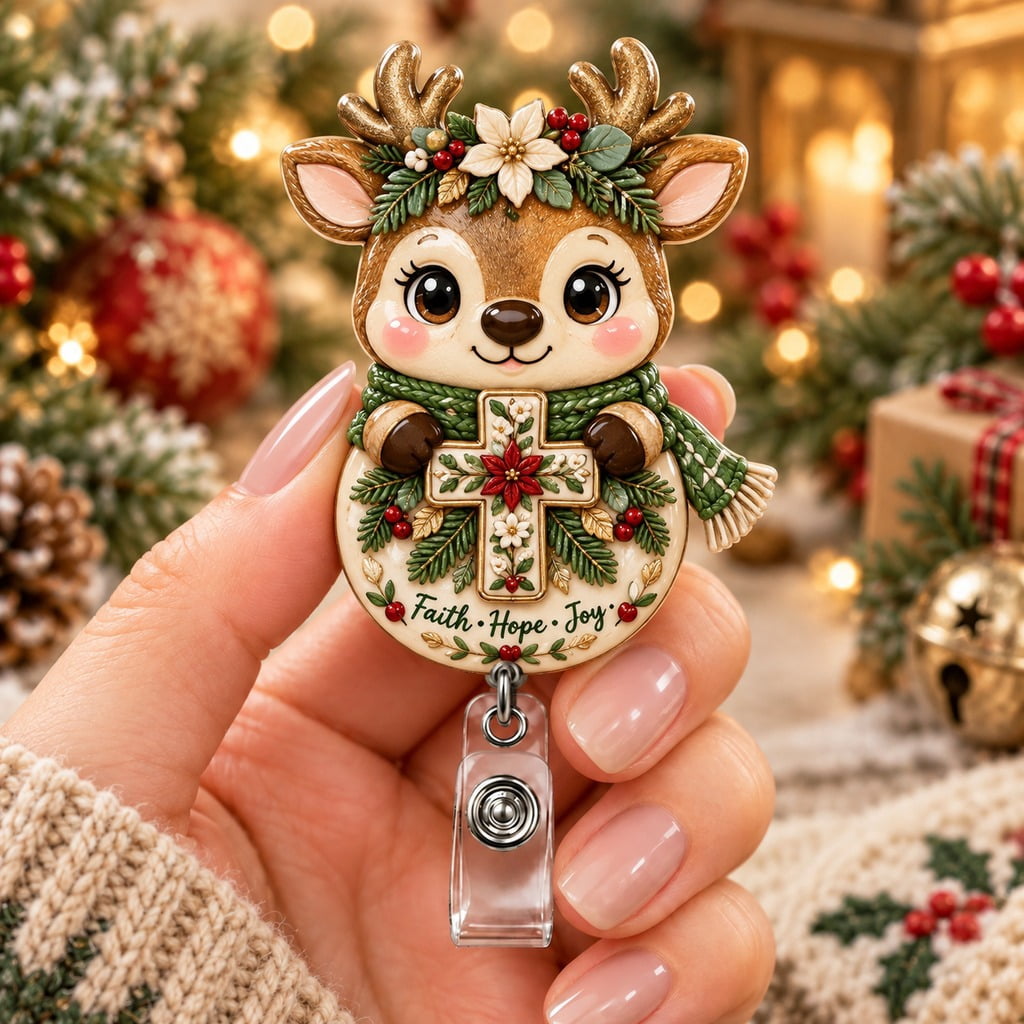 Badge Reel Reindeer Christmas Cross ID Holder for Christian Workers ...