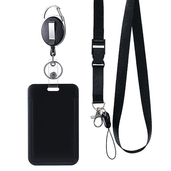 Badge Reel, Retract Cord and Lanyard Set with ID Card Holder for Employee Pass and Bus Card Case Sleeve for Office Work Attendance Maintenance Accessory Gear Black