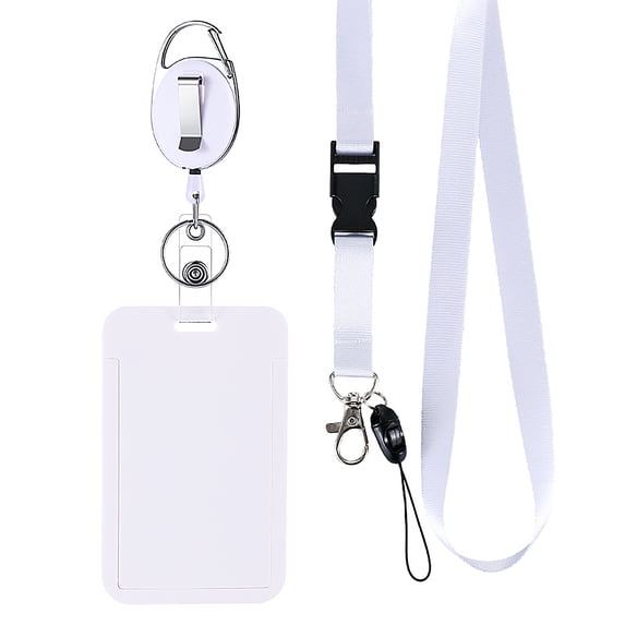 Badge Reel, Retract Cord and Lanyard Set with ID Card Holder for Employee Pass and Bus Card Case Sleeve for Office Work Attendance Maintenance Accessory Gear White