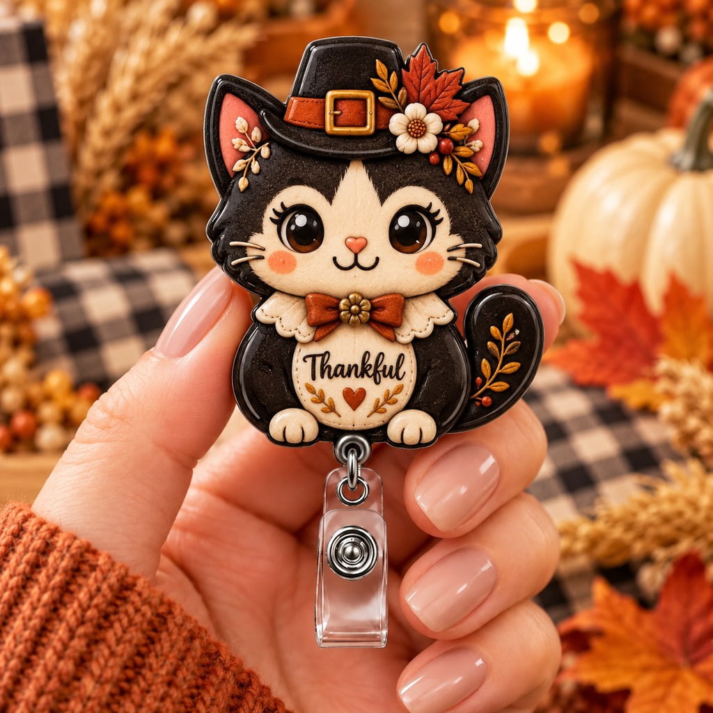 Badge Reel Thankful Pilgrim Cat ID Holder for Thanksgiving Nurses ...