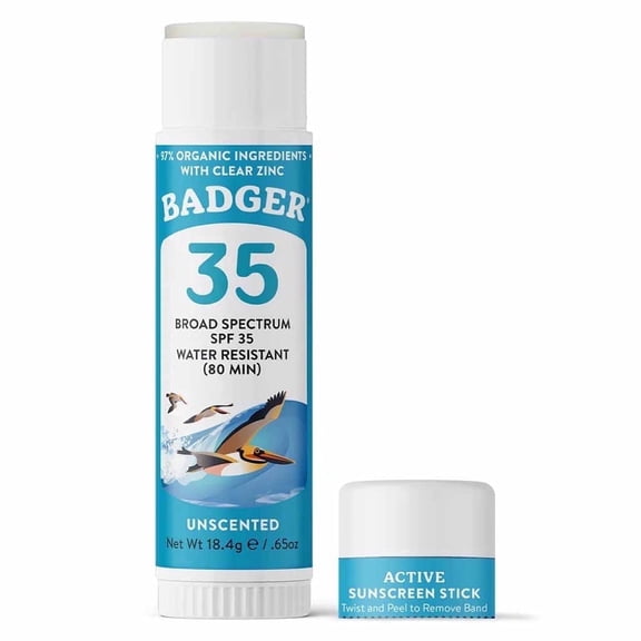 Badger Active Mineral Sunscreen Stick, Unscented, SPF 35, .65 oz