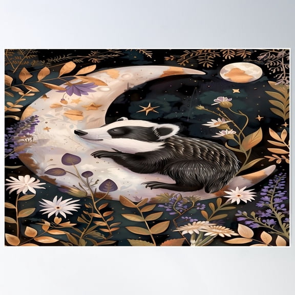 Badger Animal Crescent Moon Drawing Poster Wall Art, Poster Print Only
