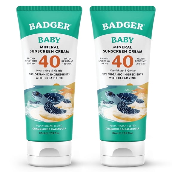 Badger Baby Mineral-Based Sunscreen Cream, SPF 40, Zinc Oxide, Reef-Safe, 2.9 fl oz, 2 Pack