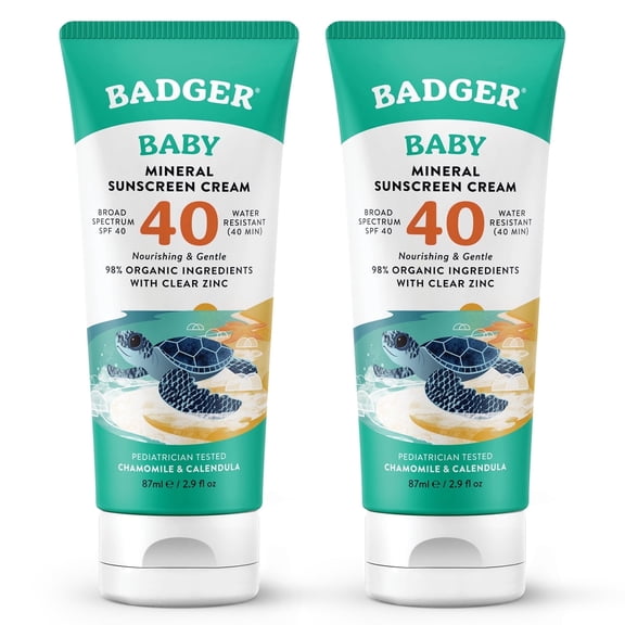 Badger Baby Mineral-Based Sunscreen Cream, SPF 40, Zinc Oxide, Reef-Safe, 2.9 fl oz, 2 Pack