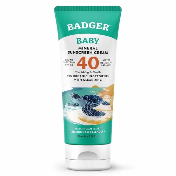 Badger Baby Mineral Sunblock SPF 40, Travel Size 2.9 fl oz, Zinc Oxide, Hypoallergenic, Water-Resistant, Kids Safe