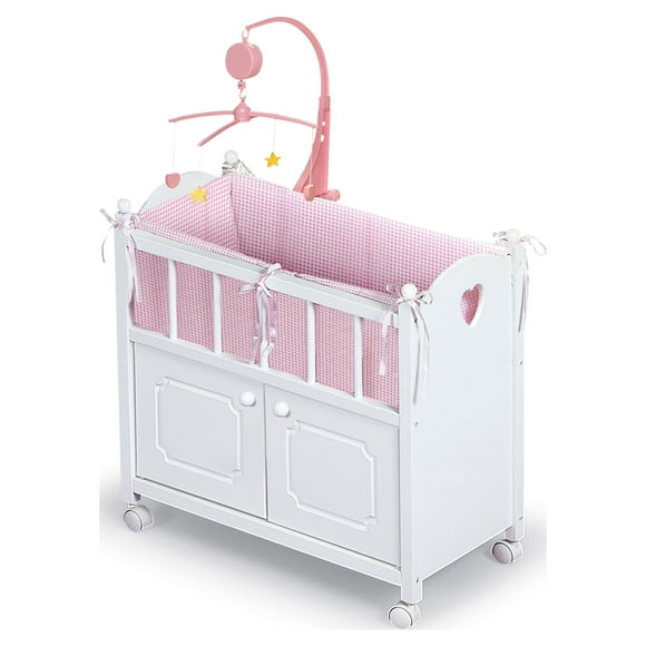 Badger Basket Cabinet Doll Crib with Gingham Bedding and Free Personalization Kit - White/Pink