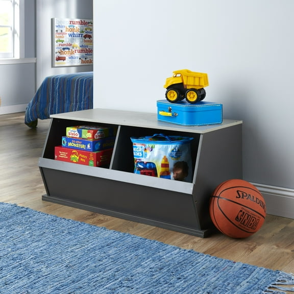 Badger Basket Children's 2-Bin Stackable Wooden Storage Cubby 5.3 Cu ft. – Charcoal & Woodgrain Gray