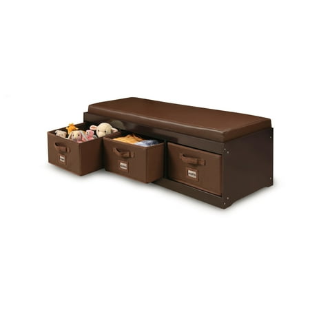 Badger Basket Children’s Wooden 17.3 gal Toy Storage Bench with Cushion and Fabric Bins, Espresso