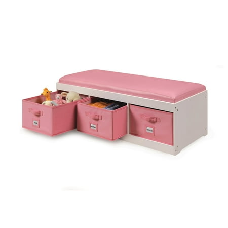 Badger Basket Children’s Wooden Toy Storage Bench with Cushion and Fabric Bins 2.7 Cu ft. - White & Pink