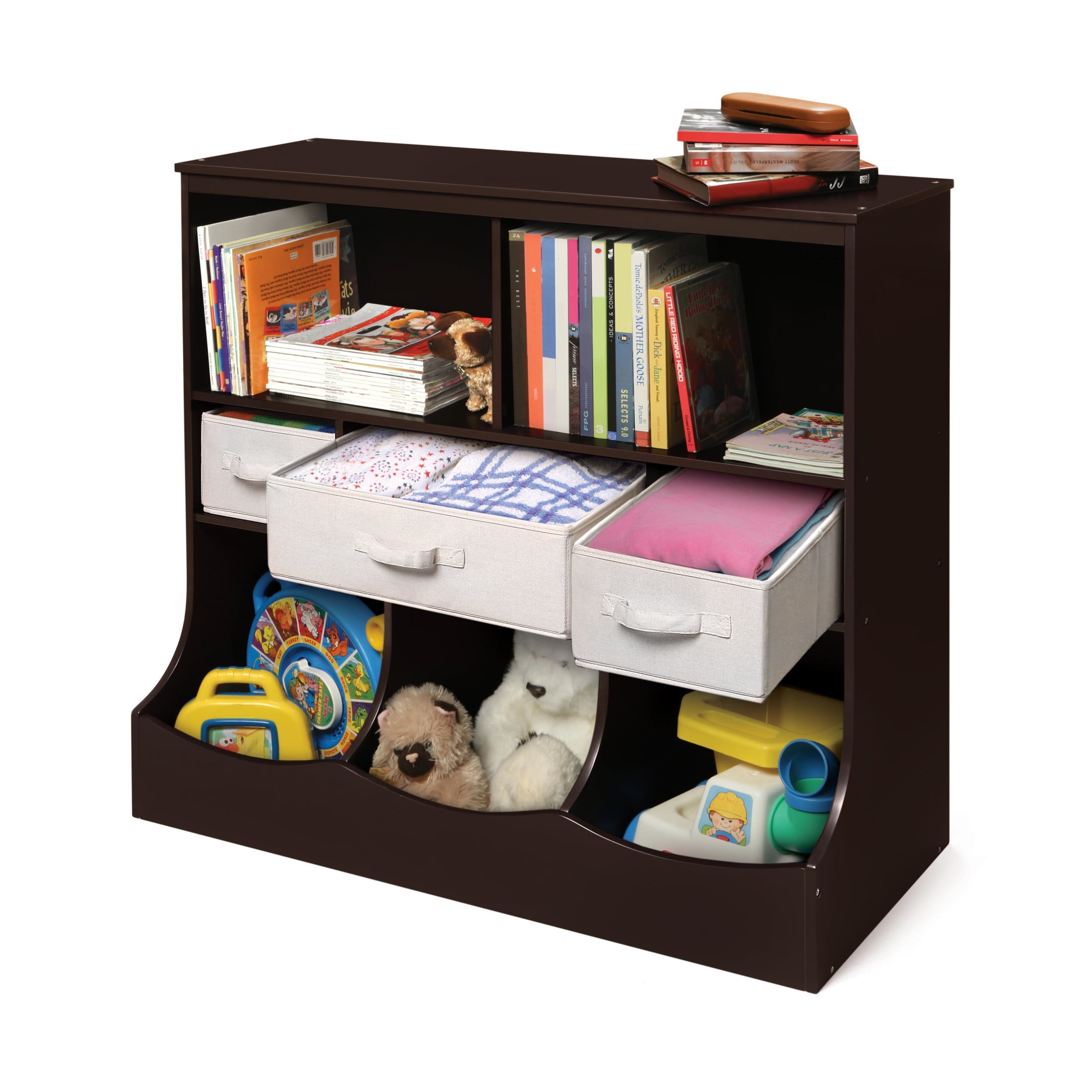 Badger Basket Children's Wooden Combo Bin with Three Baskets 55 gal Toy Storage Cube, Espresso