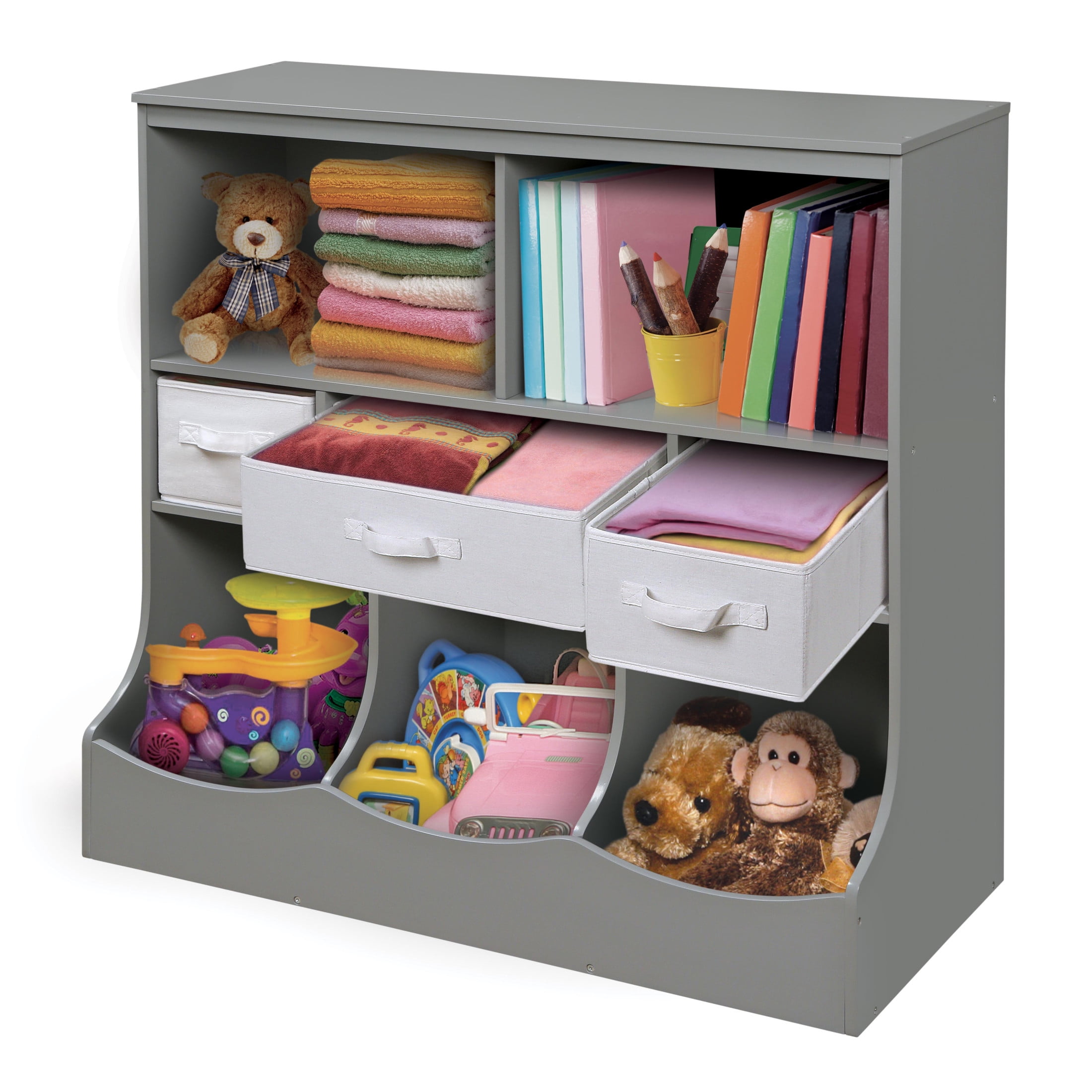 Badger Basket Children's Wooden Combo Bin with 3 Baskets 55 gal Toy Storage Cube, Gray