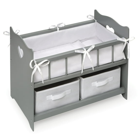 Badger Basket Doll Crib with Storage Baskets and Stick-on Decals for 20 inch Dolls - Gray