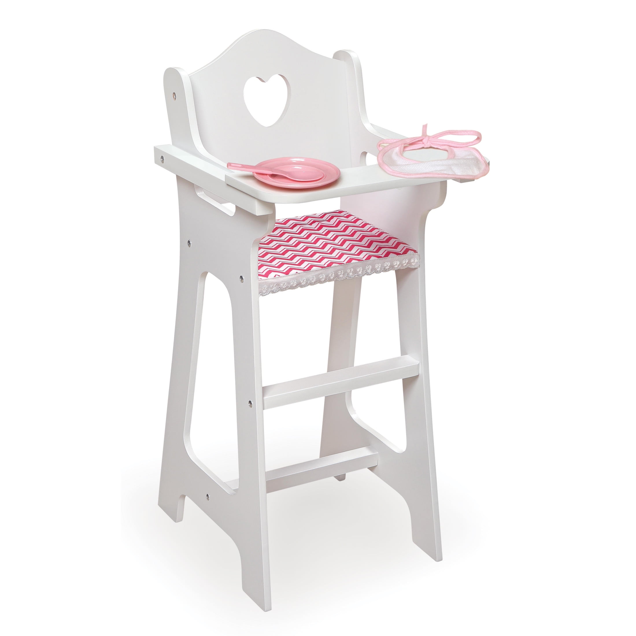 White and Pink Chevron Doll High Chair with Accessories