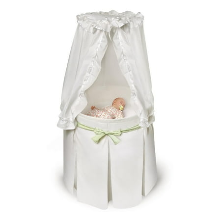 Badger Basket Empress Round Baby Bassinet with Canopy - White Bedding with Gingham Belts
